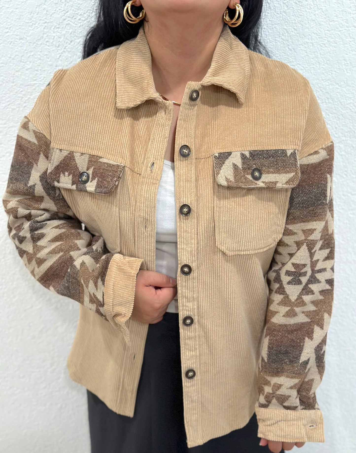 Khaki Aztec Corduroy Shacket